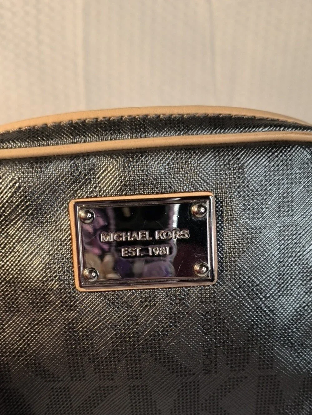 Michael Michael Kors Logo Signature Silver Crossbody with Tan Trim